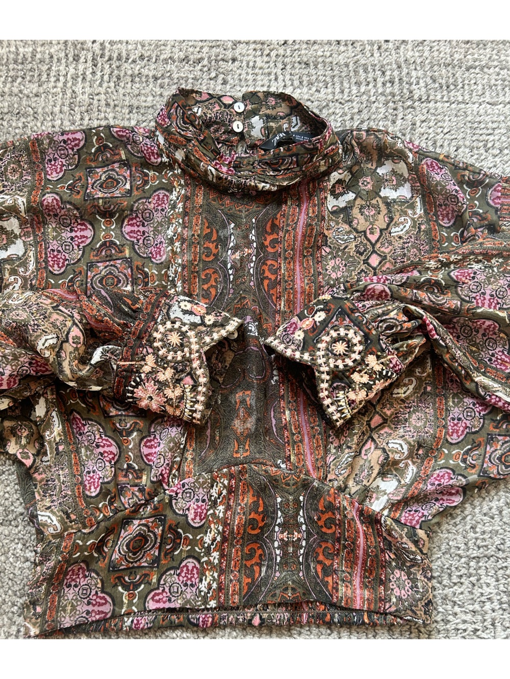 Zara Olive Paisley Blouse with Pink & Rust Accents